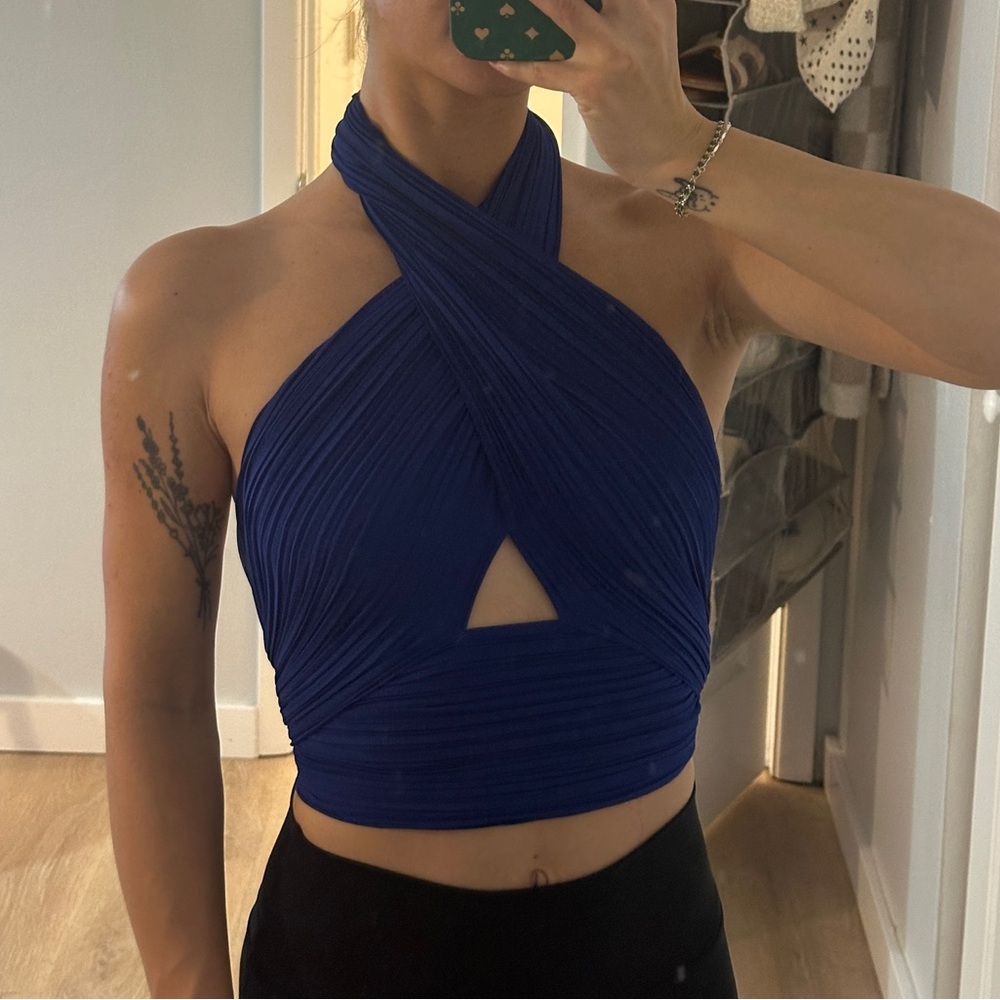 glam Royal Blue Crisscross Halter Crop Top